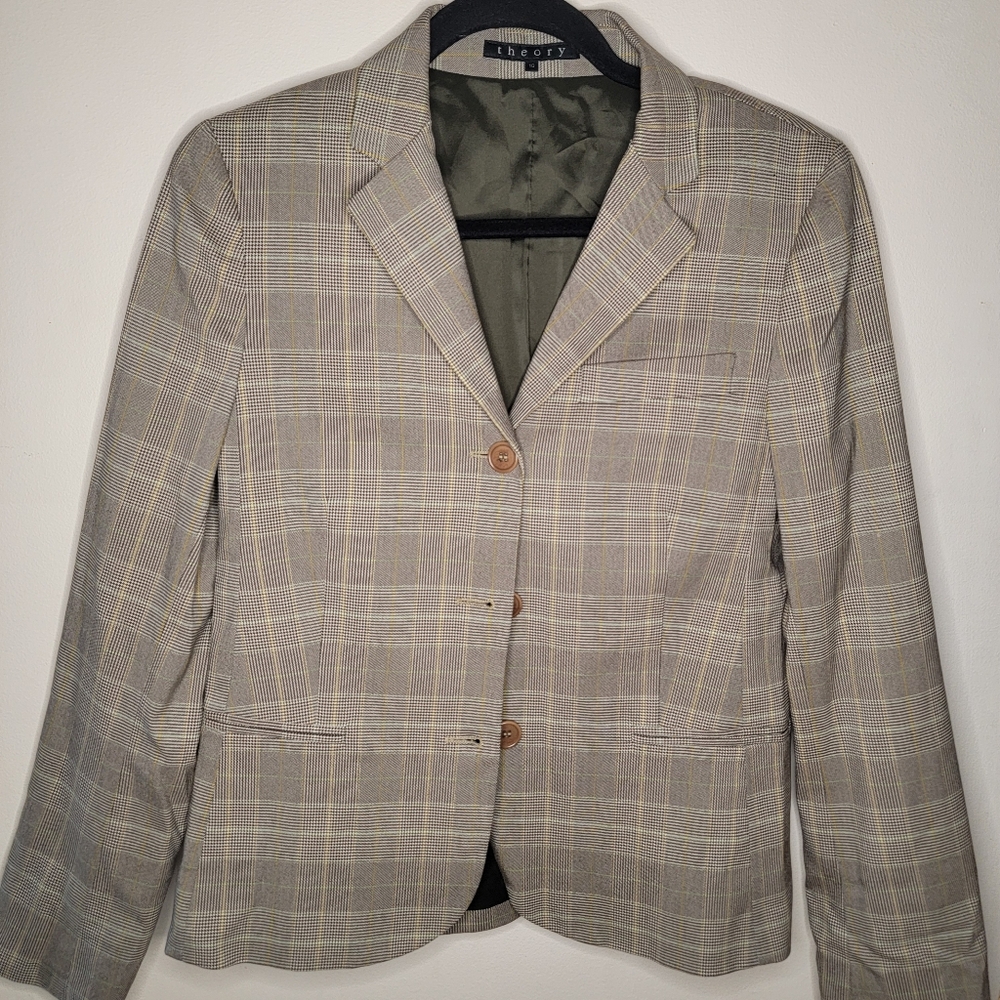 Theory Sculpted Grey Plaid Blazer in Stretch Cotton Blend Size 10